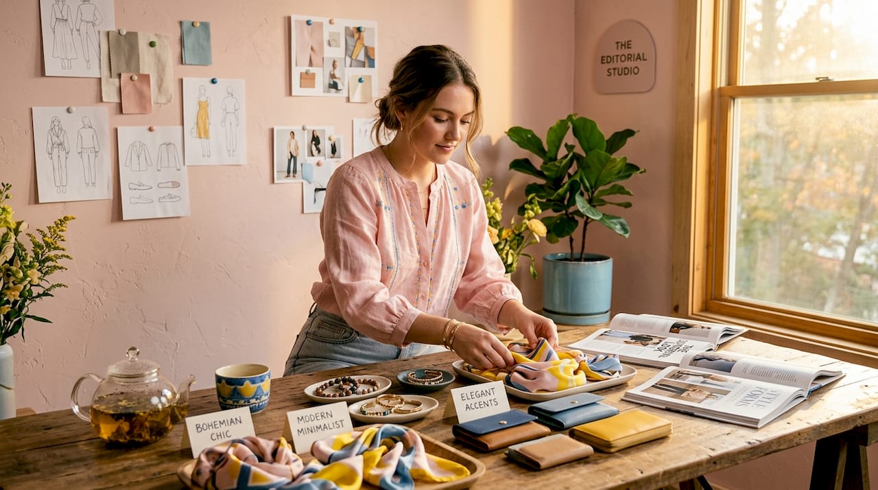 Stylist organizing fashion accessories by style