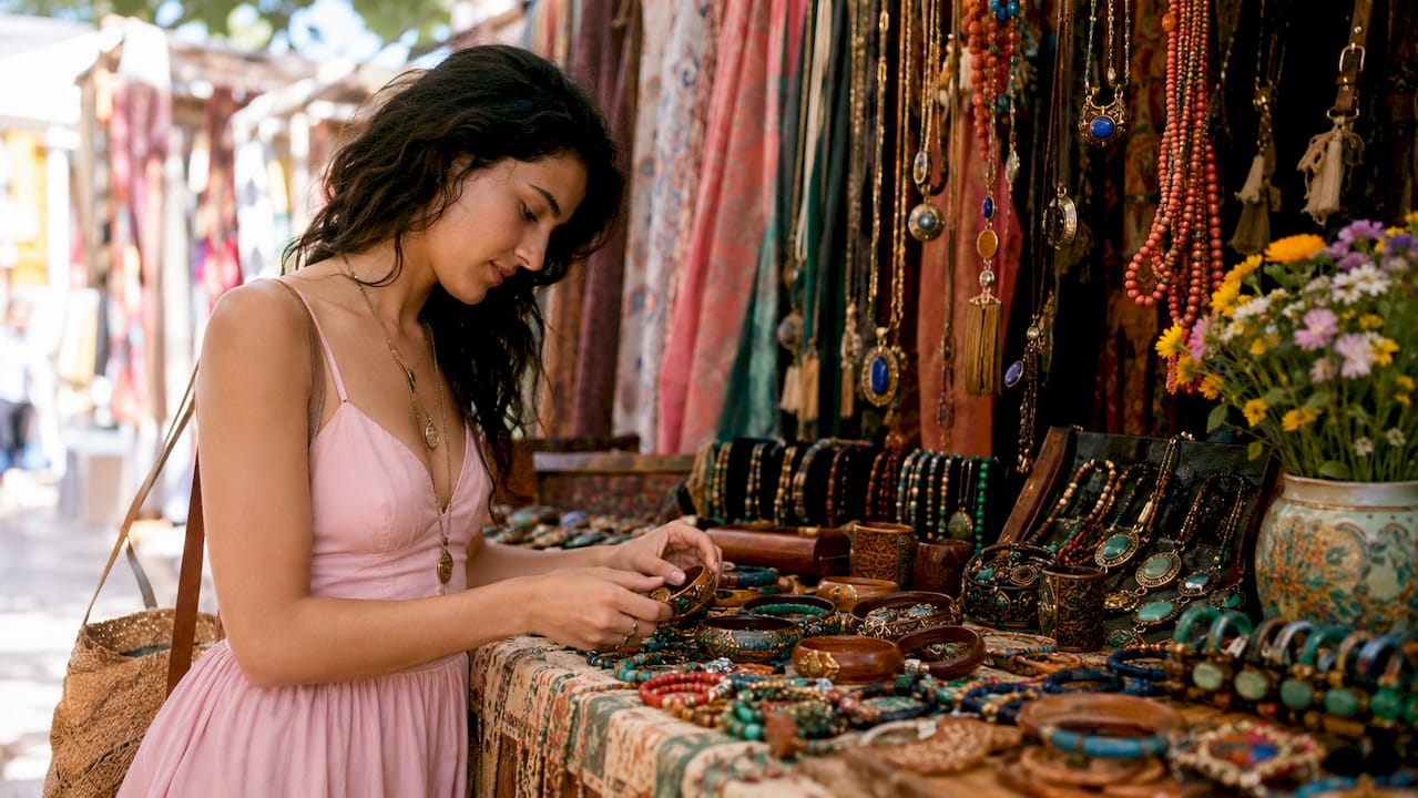 Close-up of authentic boho accessory materials on wood table
