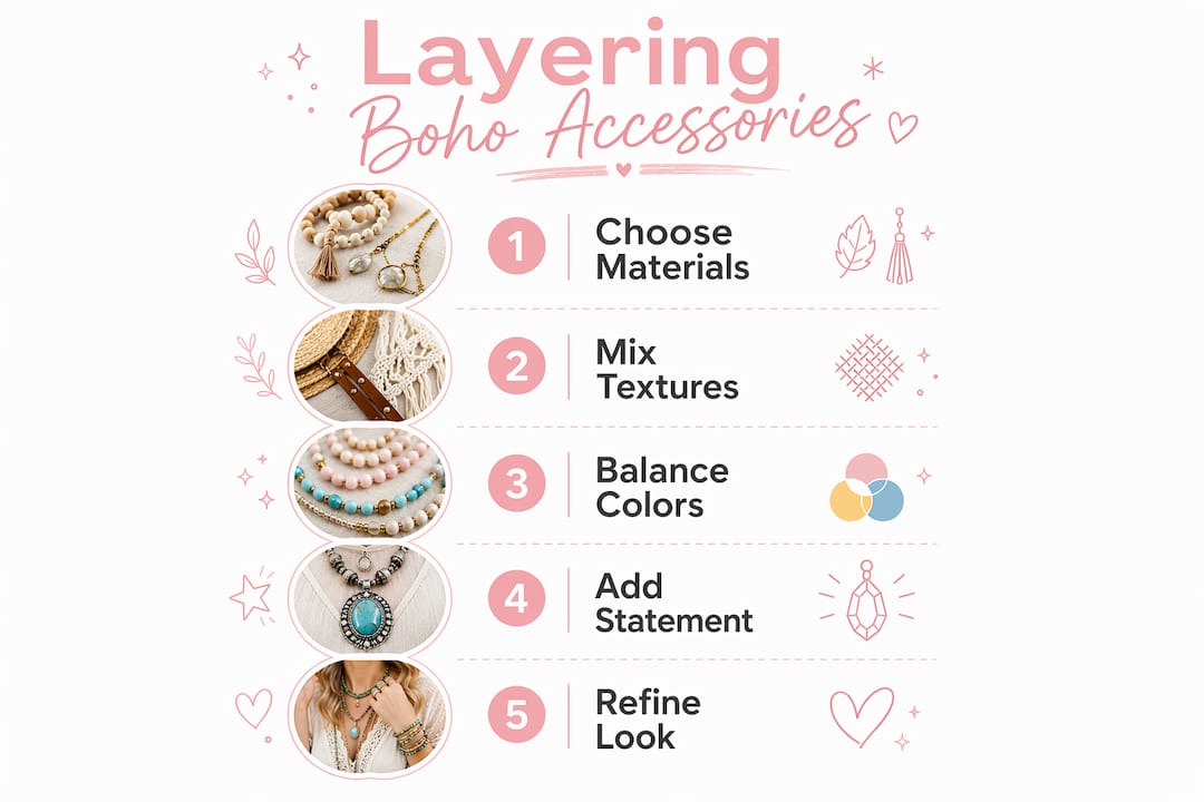 Infographic displaying 5-step layering process for boho accessories
