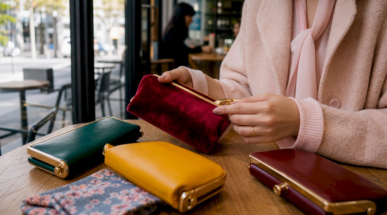 Hands holding classic clutch bag on wooden table