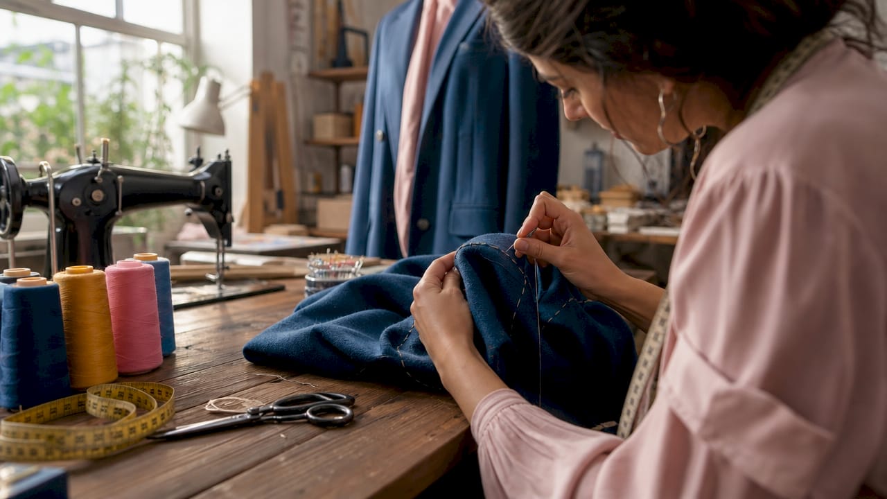 Close-up of tailor sewing wool garment