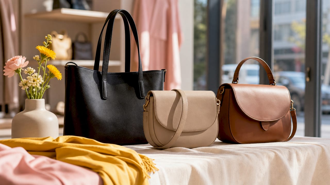 Variety of professional handbags on conference table