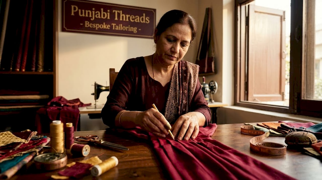 Tailor pleating Patiala salwar in sunlit shop