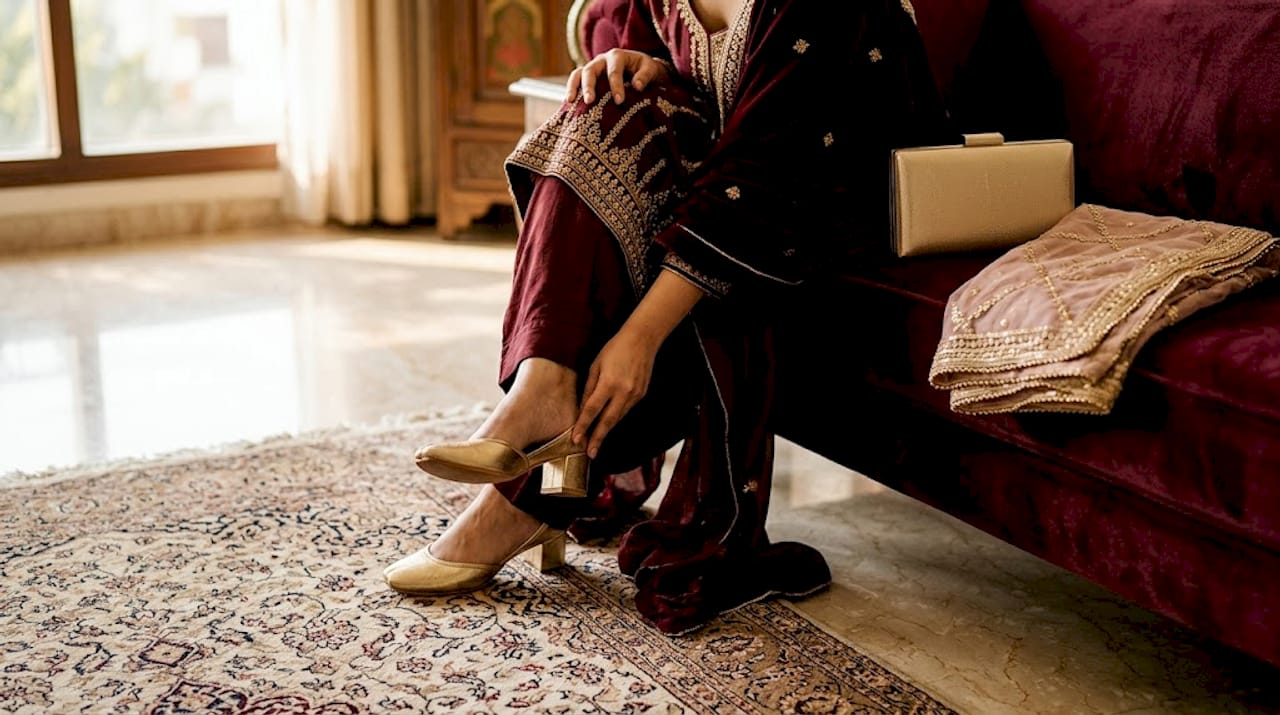 Close-up of shoes and clutch for Punjabi suit