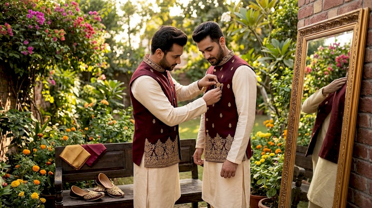 Men dressing in sangeet outfits before event