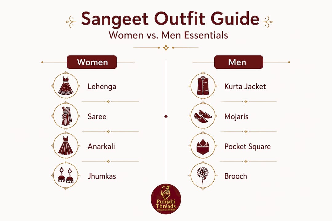 Sangeet outfit essentials comparison for men and women