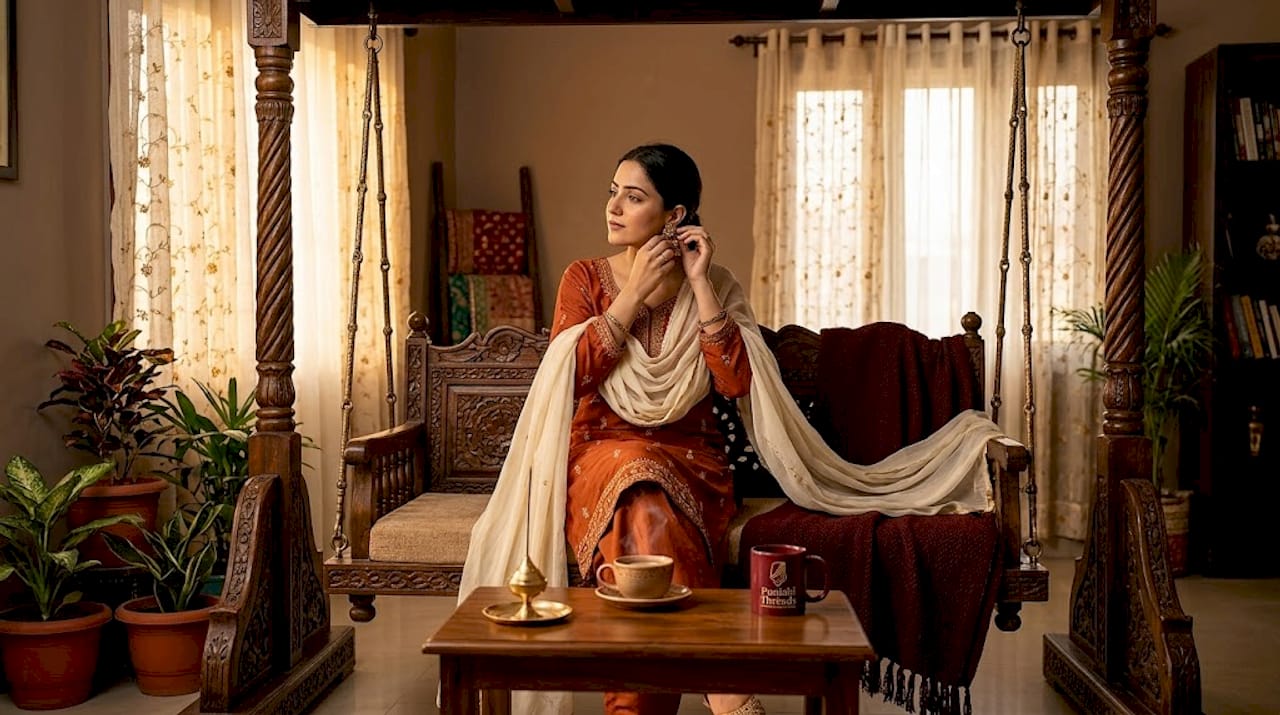 Woman in burnt orange Punjabi suit at home