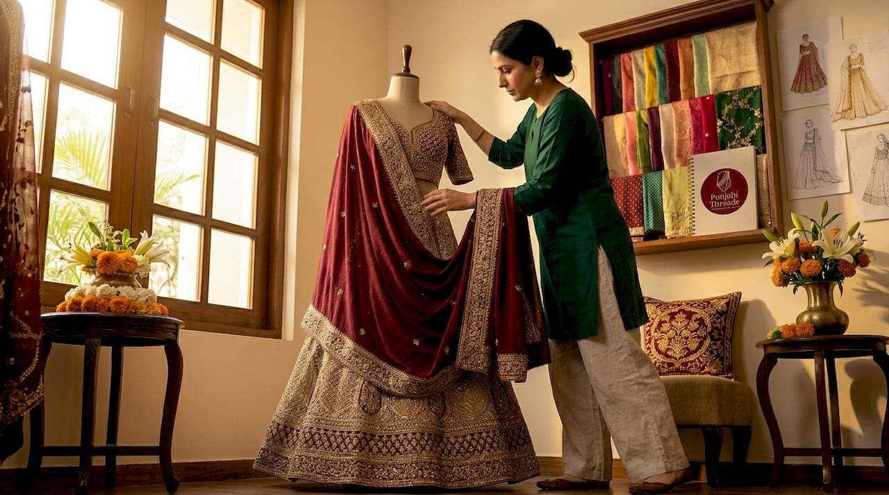 Designer draping dupatta to shape silhouette
