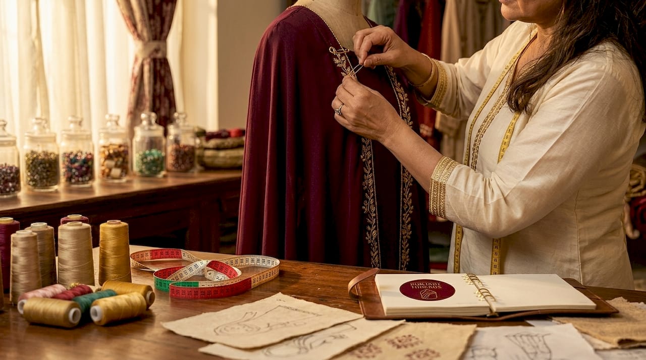 Tailor adjusting cape closure on Punjabi suit