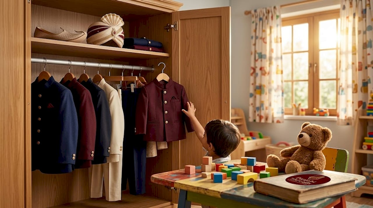 Child choosing Jodhpuri suit from wardrobe