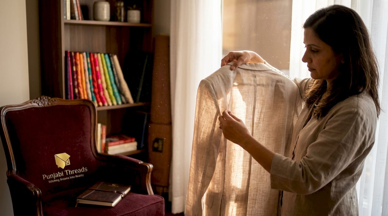 Woman examining cotton suit jacket in sunlight