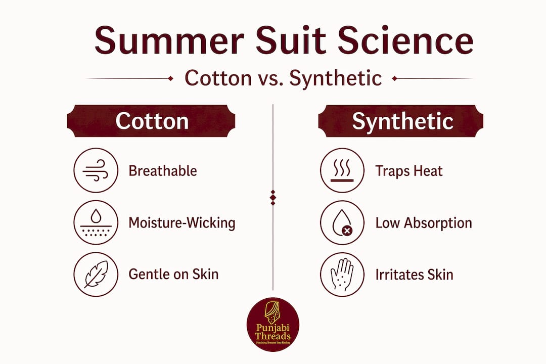 Infographic comparing cotton and synthetic fabrics for summer