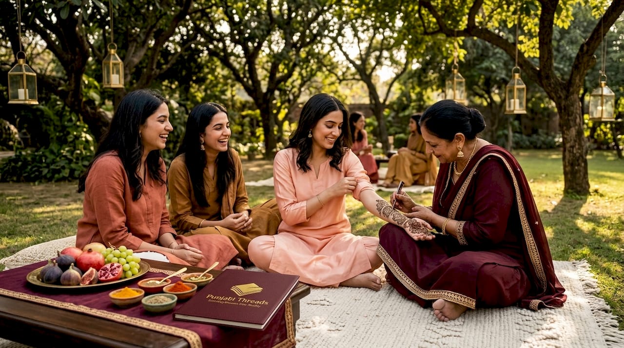Friends wearing casual Mehndi ceremony outfits