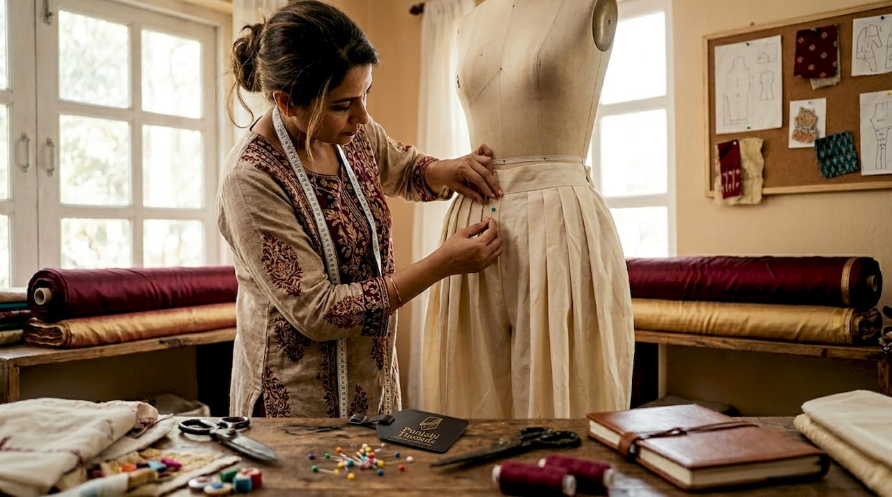 Tailor adjusting pleated dhoti salwar waistband