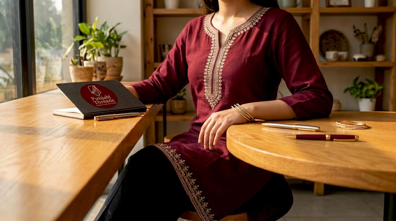 Close-up of hip-length embroidered kurta with accessories