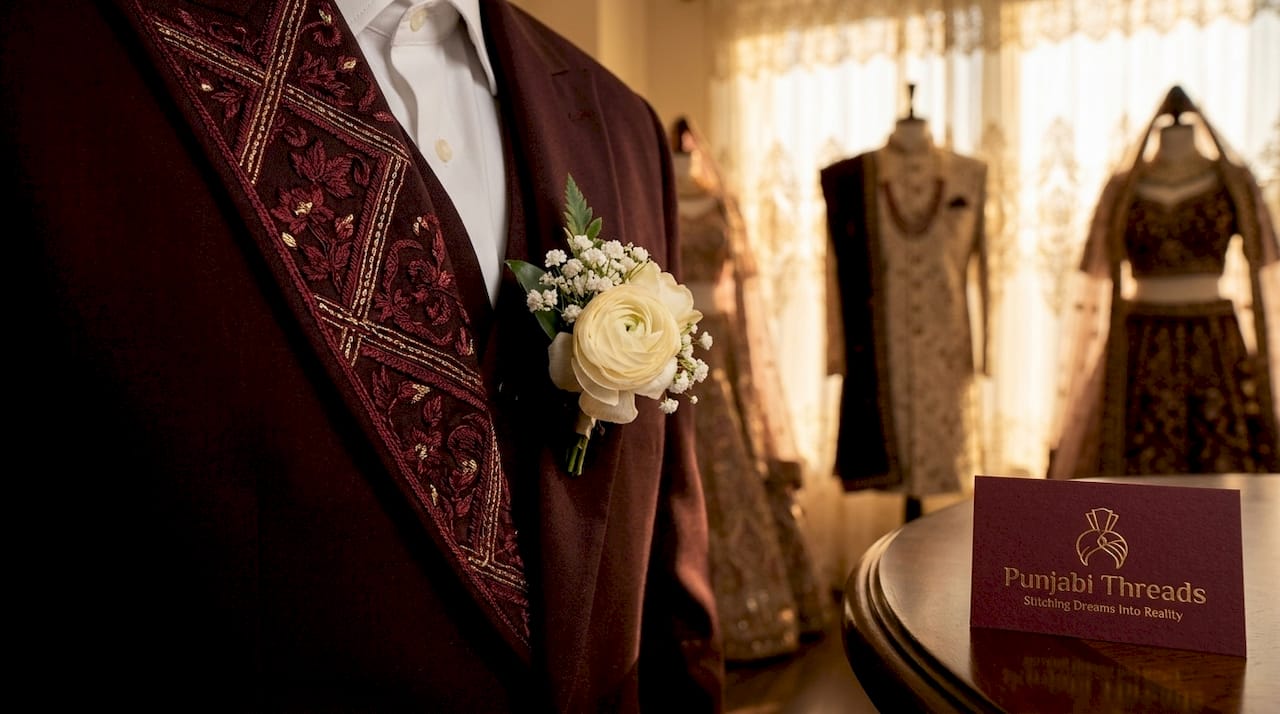 Close-up of embroidered lapel on wedding suit