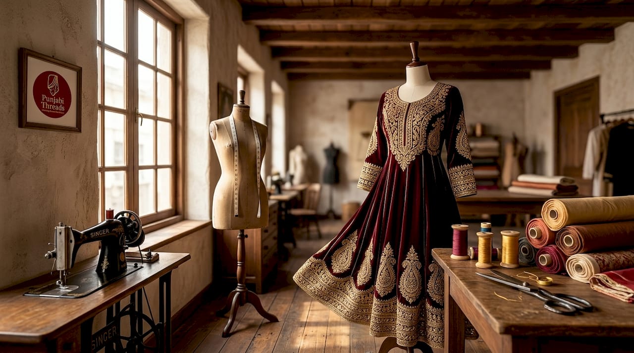 Mannequin displaying Anarkali salwar kameez in tailoring studio