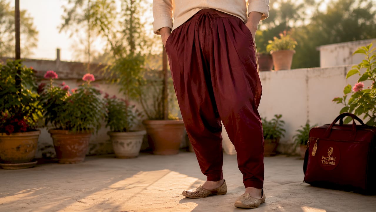 Close-up of tapered salwar trouser on man