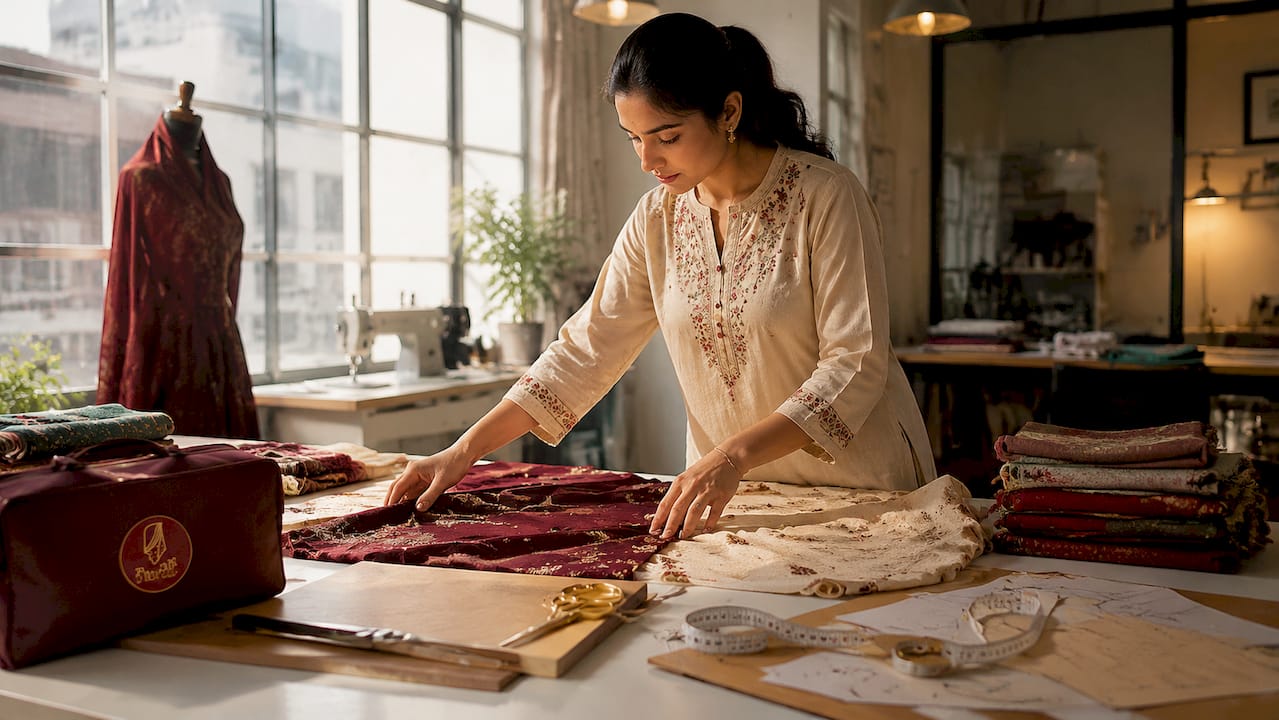 Tailor arranging lightweight printed fabrics on cutting table