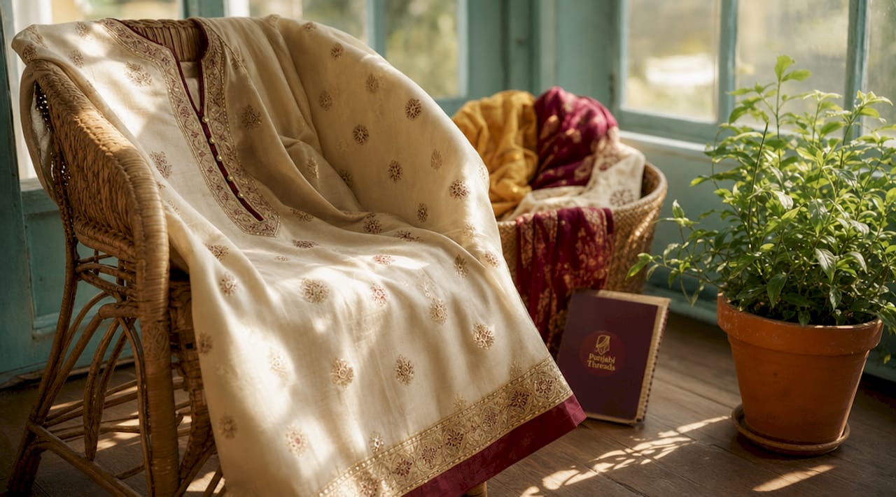 Close-up of luxurious silk kurta draped on chair