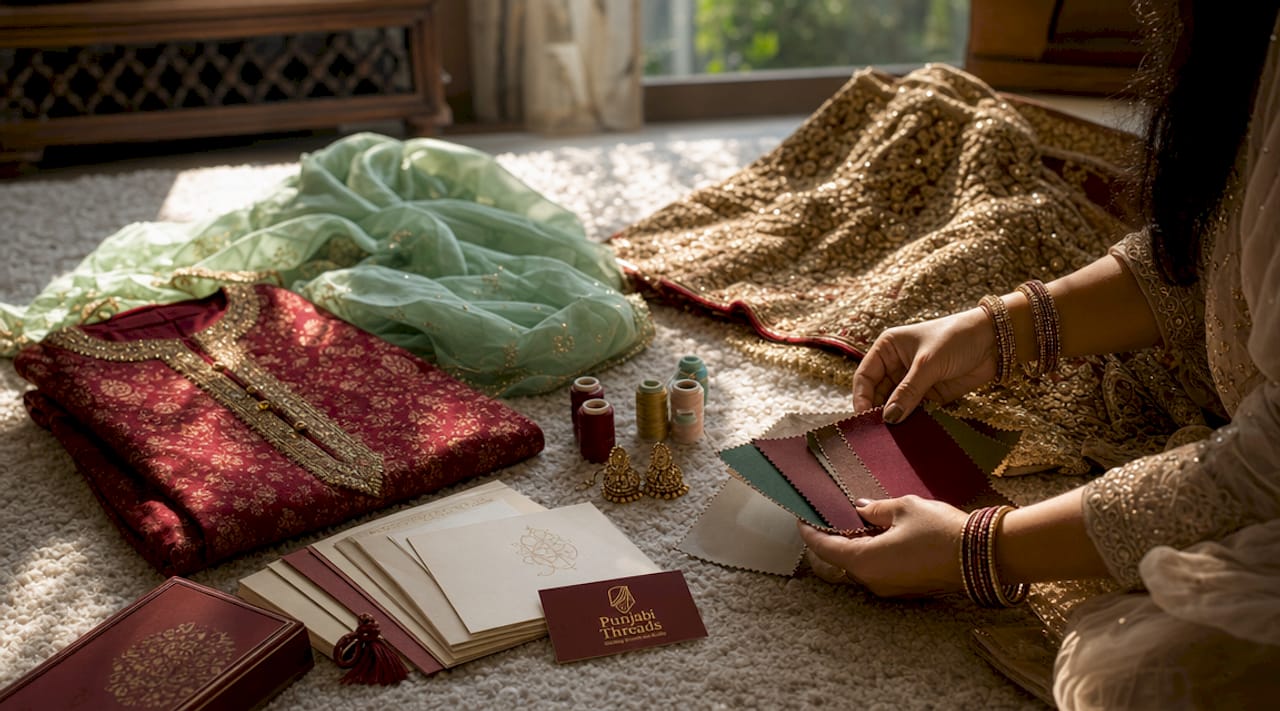 Hands choosing festive ethnic fabrics on table