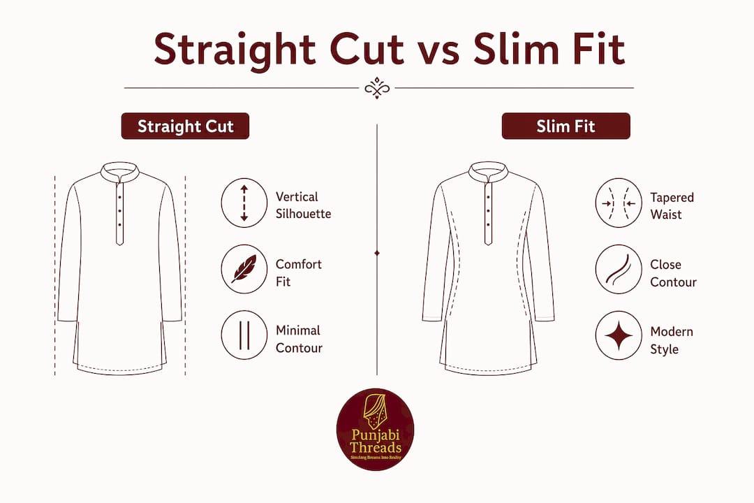 Infographic comparing straight cut and slim fit suit features