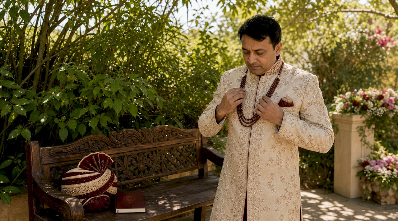 Man wearing embellished sherwani in dressing room