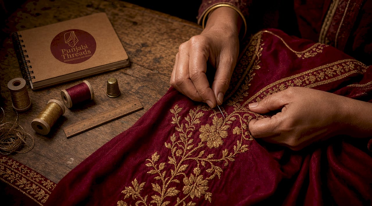 Hands embroidering festive silk fabric