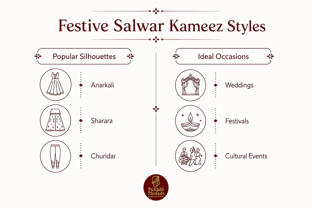 Infographic comparing festive salwar kameez styles and occasions