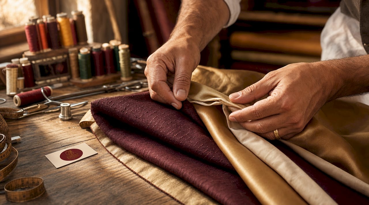 Hands comparing different suit lining fabrics