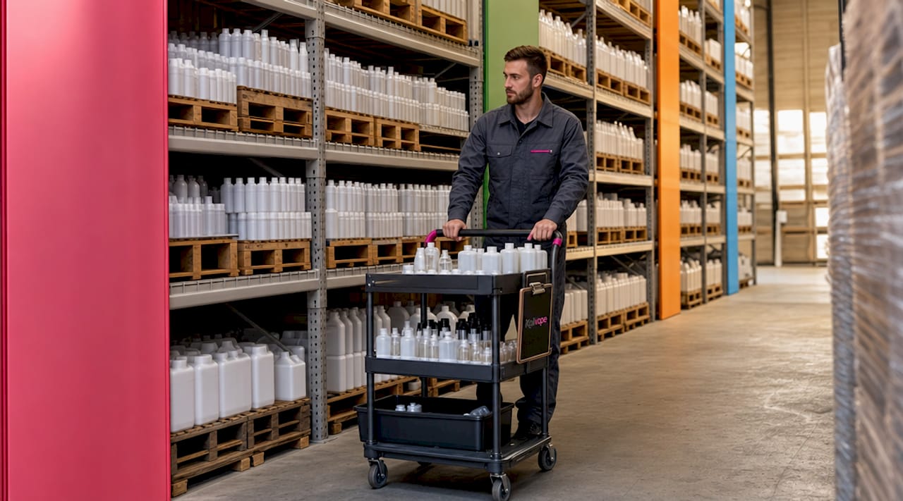 Vista laterale di un magazzino per liquidi da svapo organizzato in modo efficiente