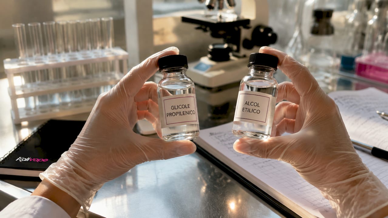 Mani che tengono delle fiale contenenti glicole propilenico e alcol all’interno di un laboratorio