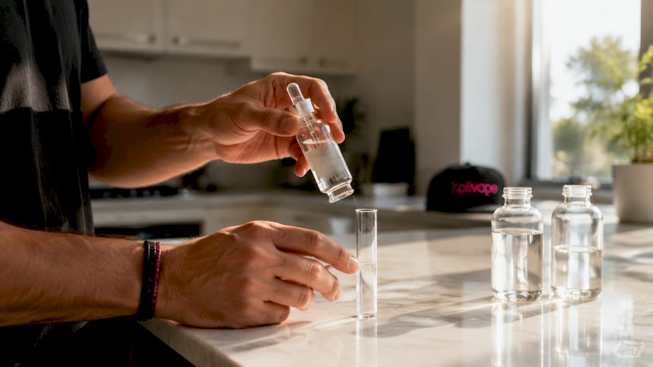 Controllo qualità: mani esperte esaminano un flacone di e-liquid