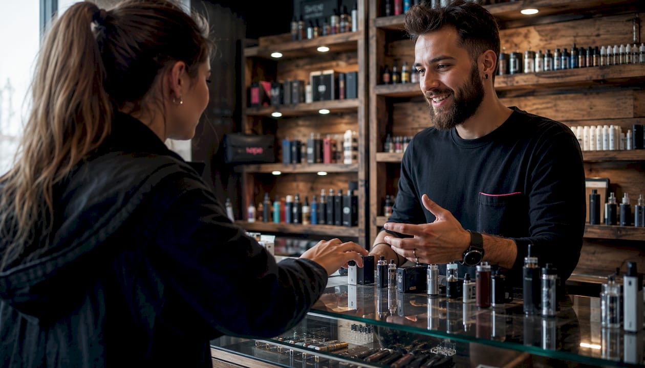 Conversazione in negozio sulle diverse tipologie di sigarette elettroniche