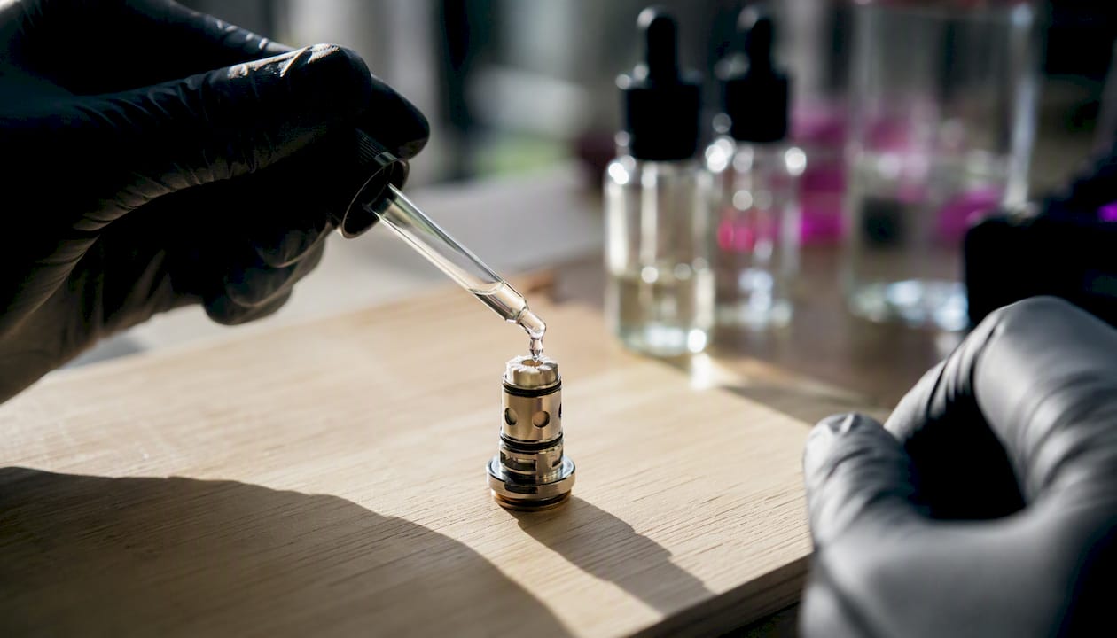 Dettaglio ravvicinato di una resistenza per sigaretta elettronica con gocce di aroma sintetico