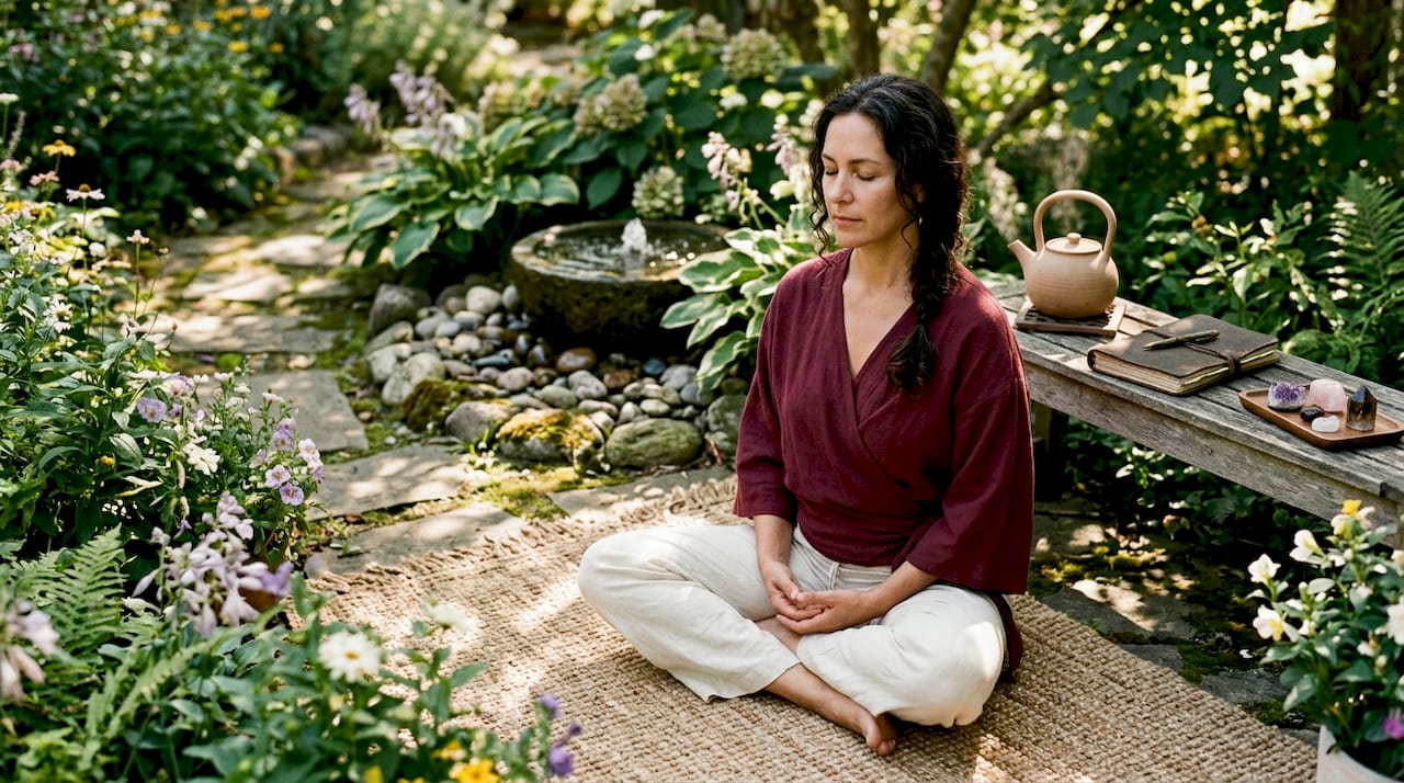Practitioner meditating in peaceful living room