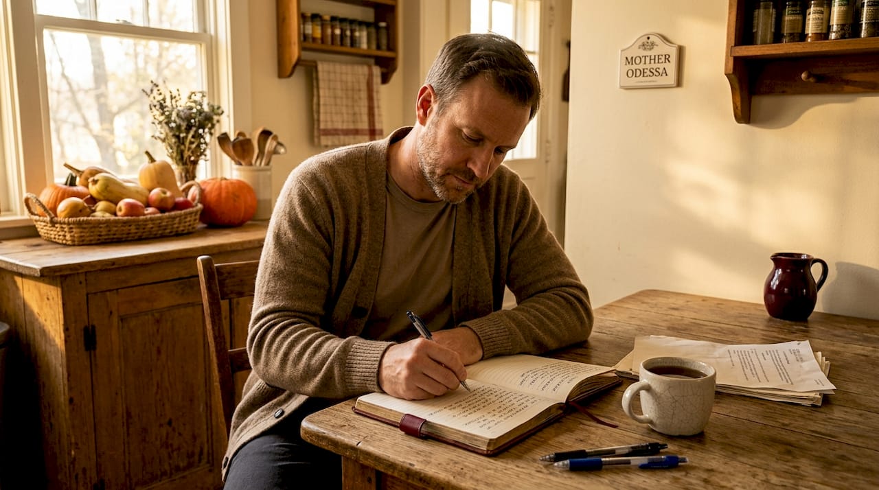 Man writing money affirmations at table