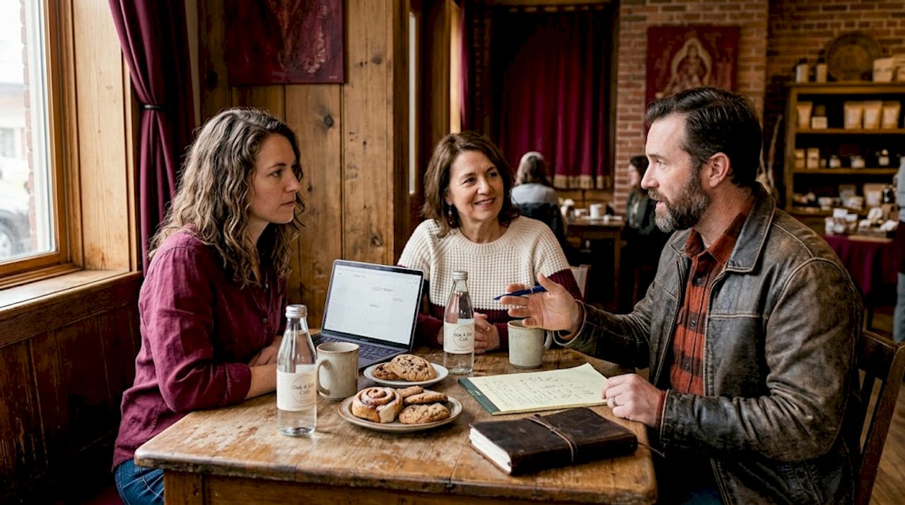 Small business owners sharing ideas in café