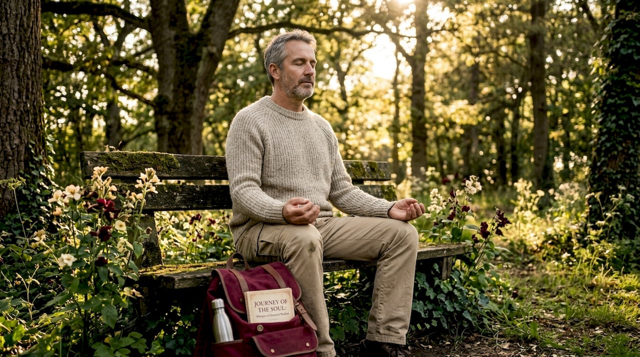 Man quietly meditating on park bench