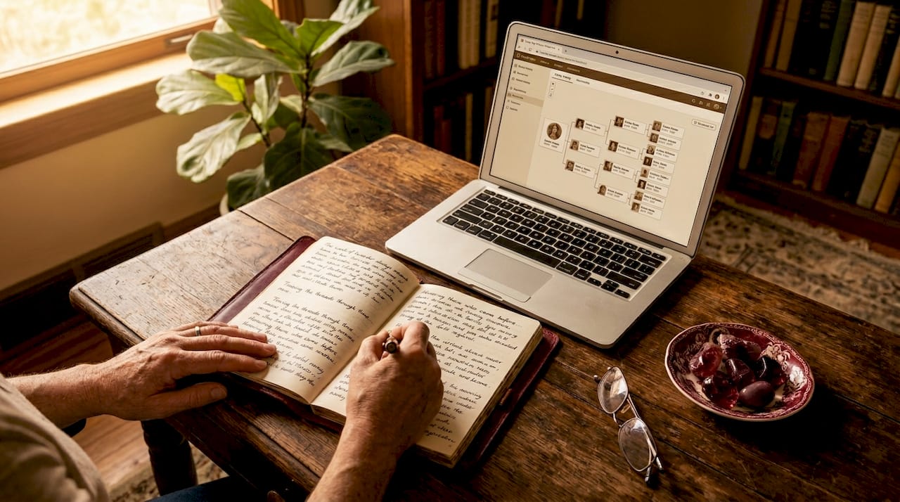 Hands journaling family history at kitchen table