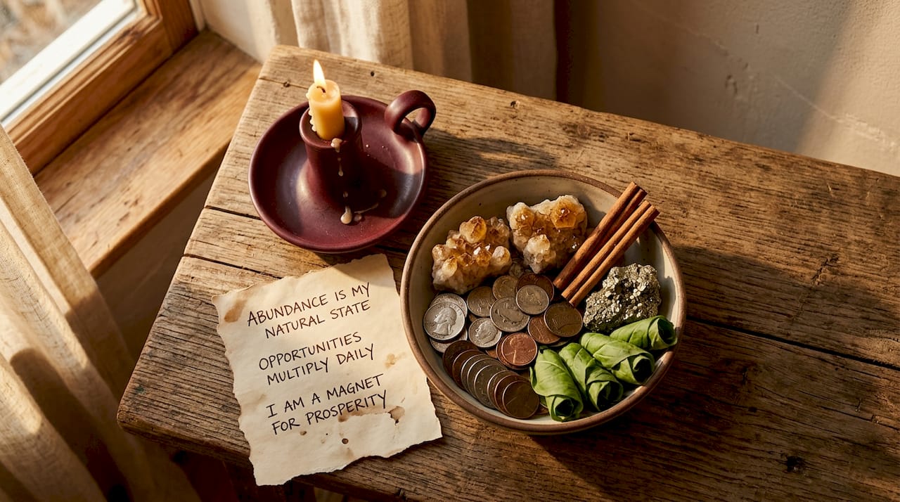 Money bowl with ritual tools and candle