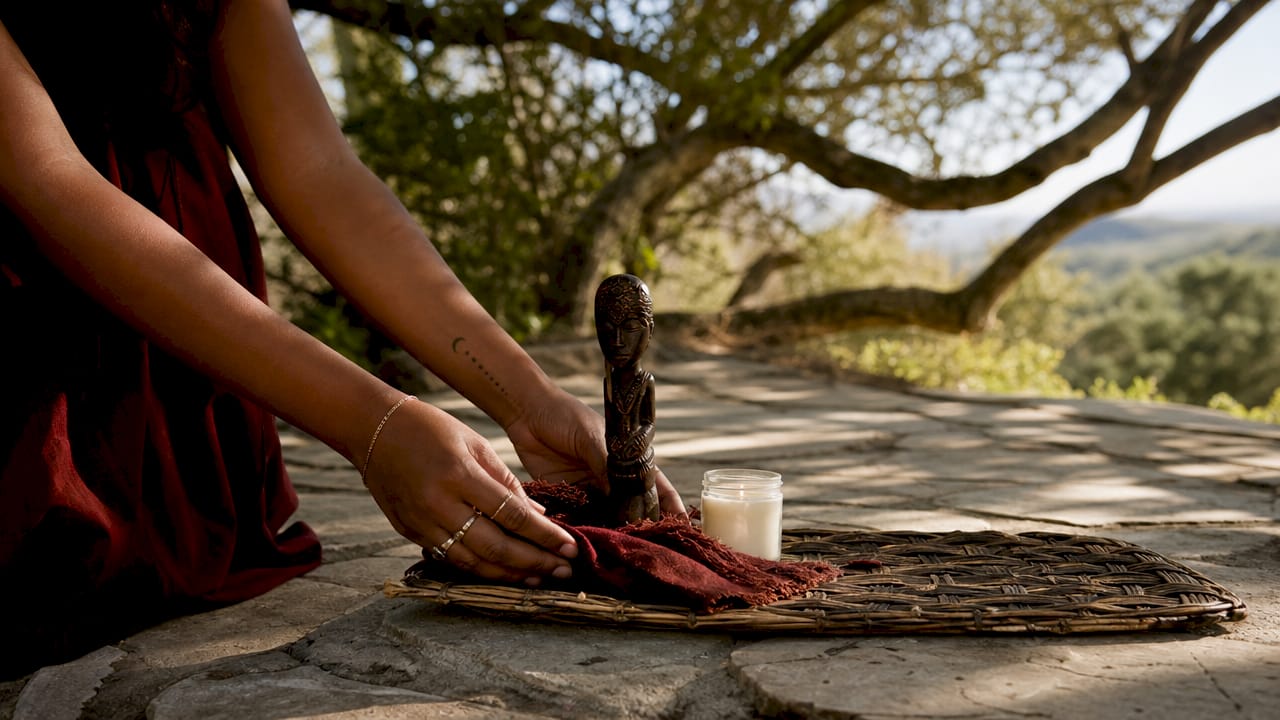Hands arranging ritual objects for personalized ceremony