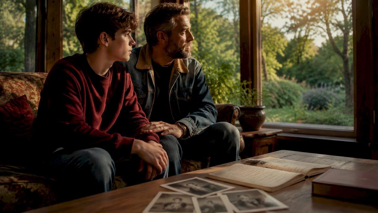 Father and son sharing silent moment on couch