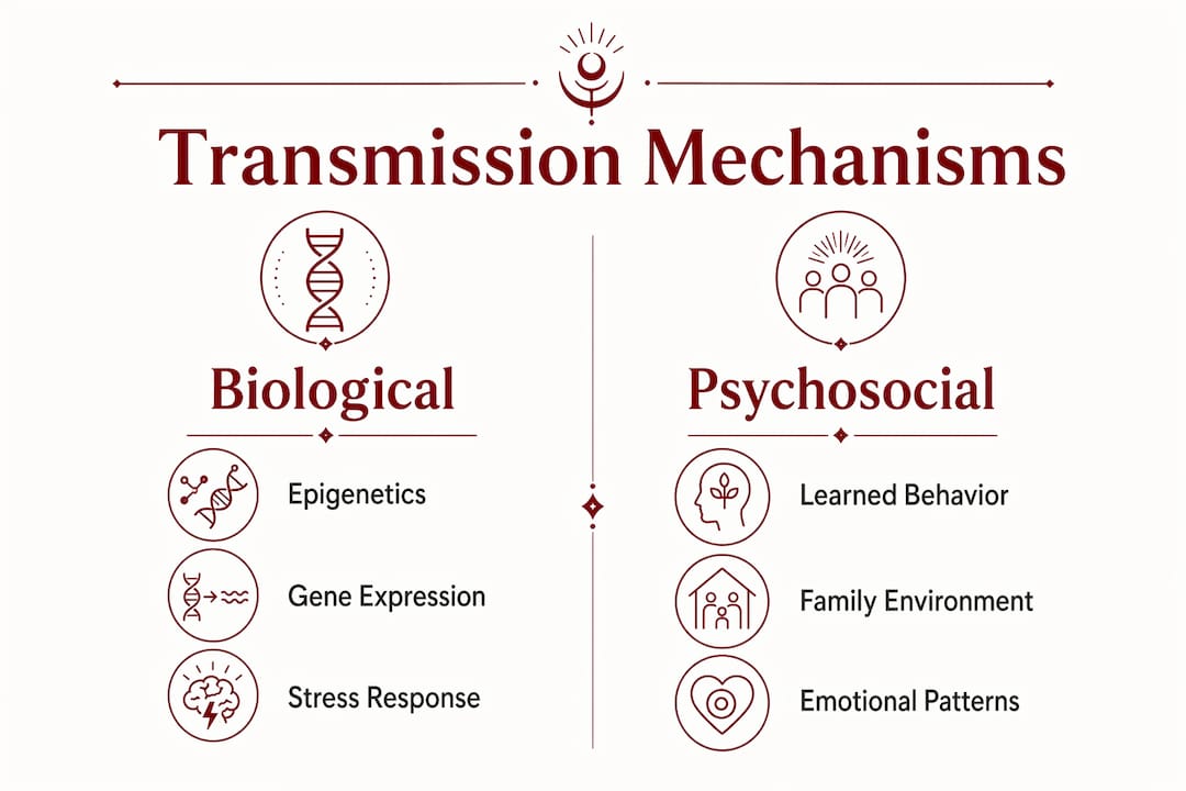 Infographic illustrating biological and psychosocial trauma transmission