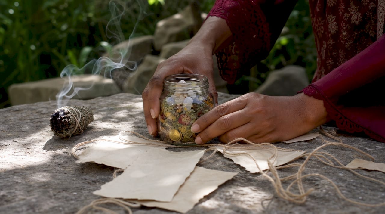 Hands setting up prosperity jar ritual