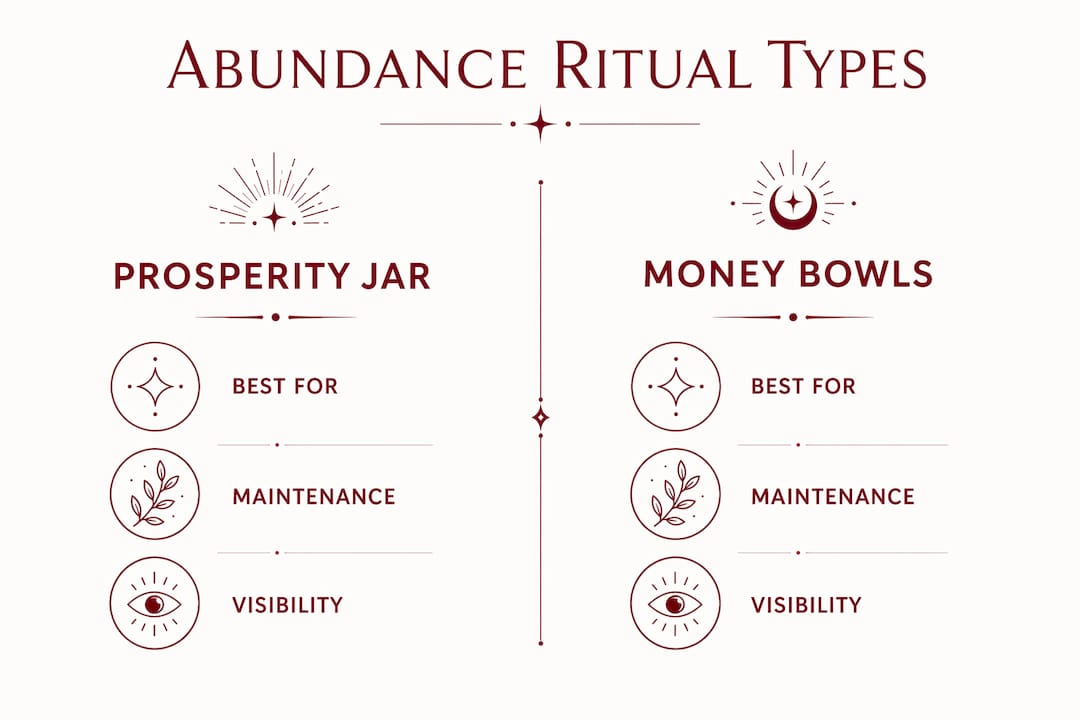 Infographic comparing prosperity jars and money bowls rituals