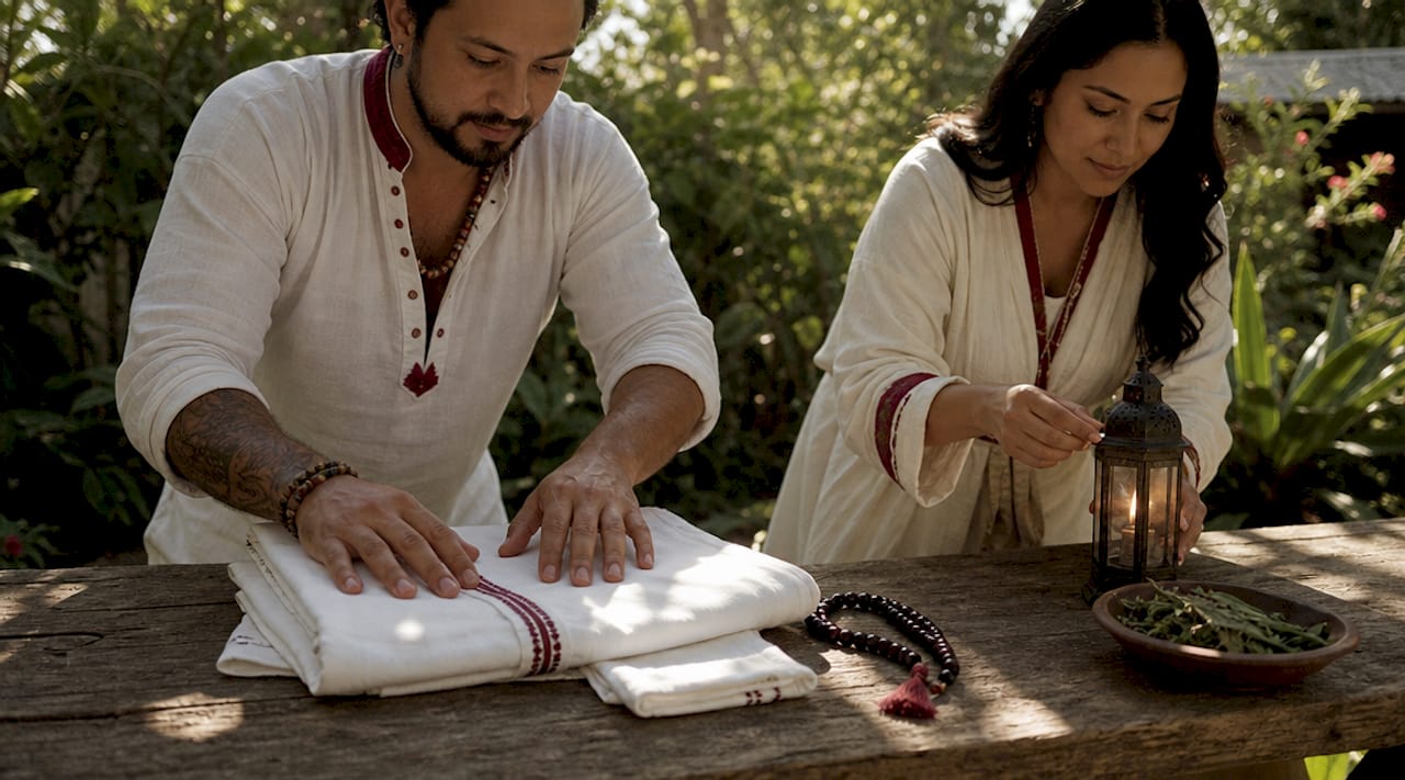 Couple preparing ritual garments and objects
