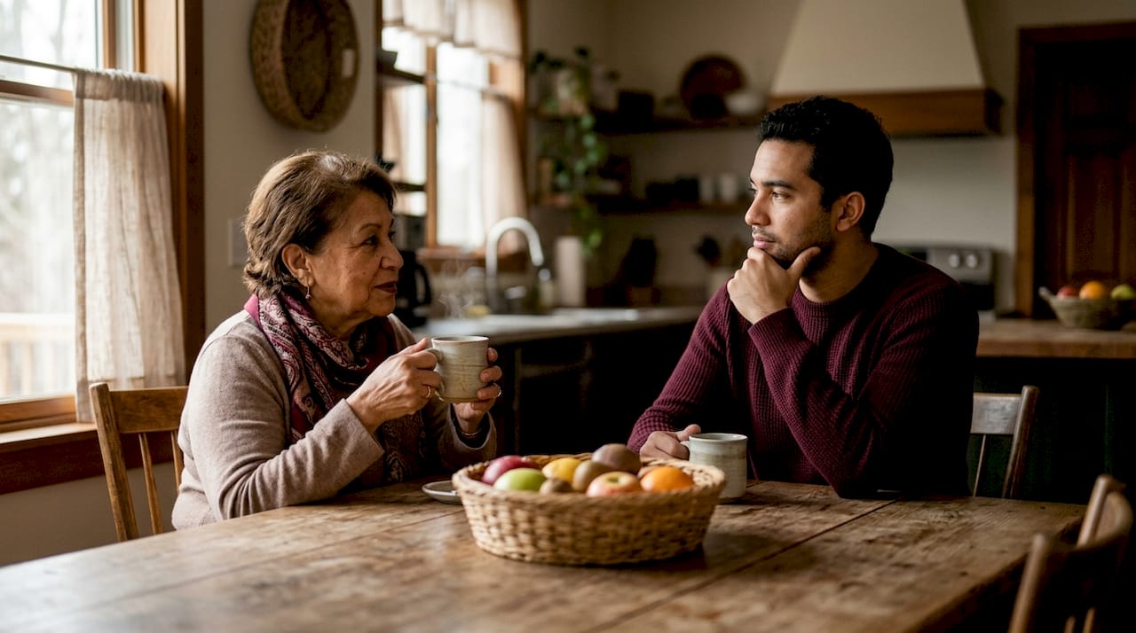 Two family members having a calm conversation on couch