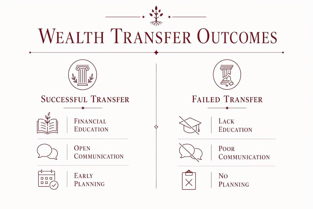Infographic comparing successful and failed wealth transfer factors