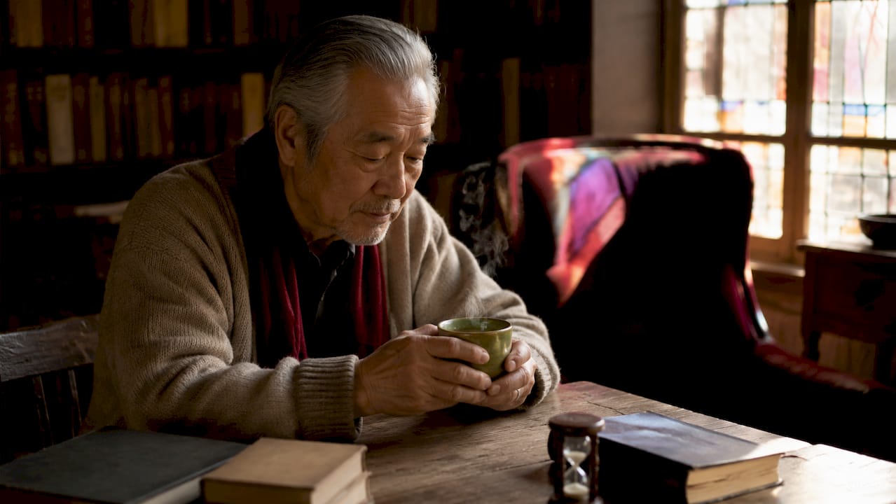 Hands resting near tea cup in calm tea room setting